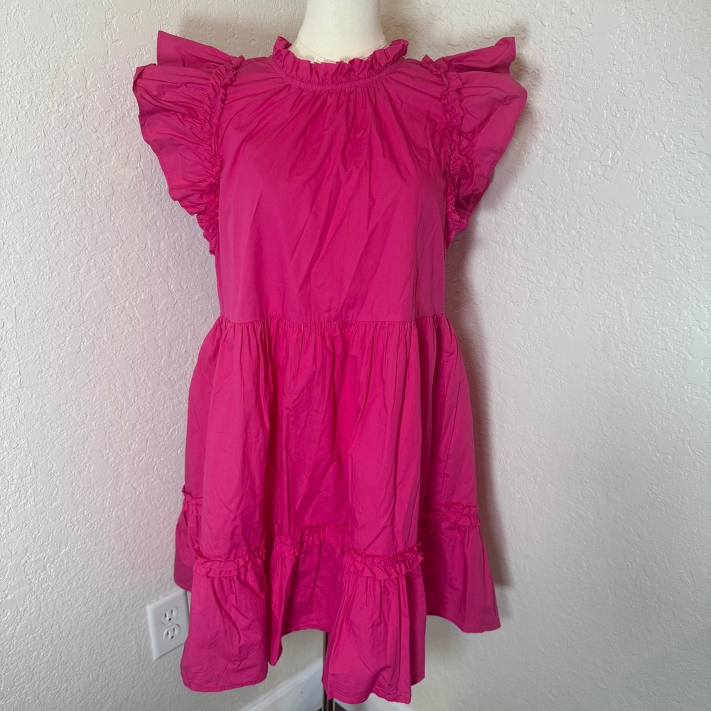 Mini Dress Caroline Constas Pink Ruffle Flutter Sleeve Cotton Babydoll Coquette